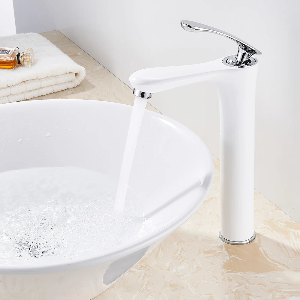 Ванная комната креативный высокий смеситель для раковины Современный белый кран с одним отверстием для холодной и горячей воды смеситель