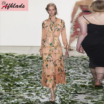 

Single-Breasted Lace-Up V-Neck Chiffon Floral Long Sleeve Dress Vintage Ruffled Printed Pleated Beach Holiday Summer Maxi Dress