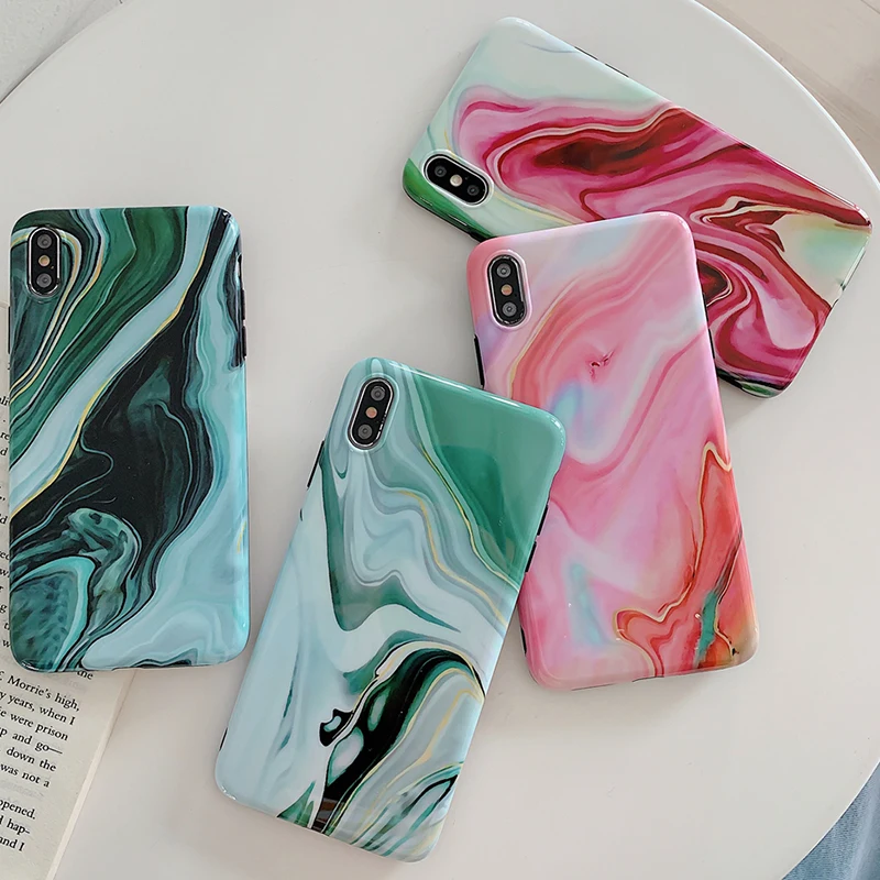 

Noble green Pink marble pattern Phone Case For iPhone X XR XS Max 8 7 Plus 6 6S Plus soft TPU edge Shockproof smooth Back Cover