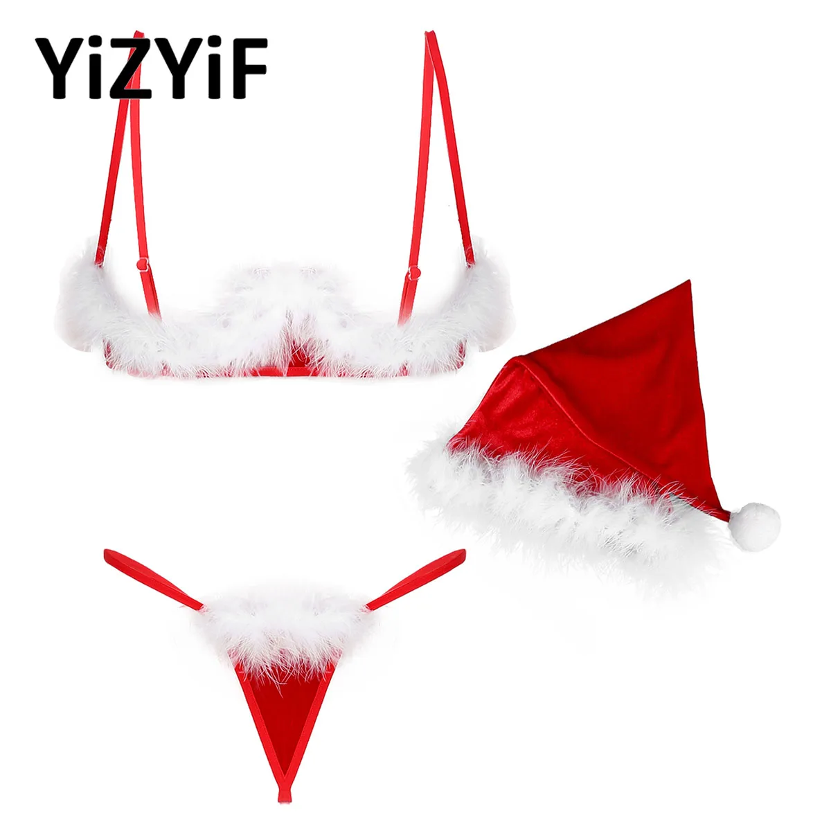 

Womens Erotic Feather Trimming Lingerie Set Exposed Breasts Open Cup Bra Top with T-back Thong Briefs Hat Christmas Underwear