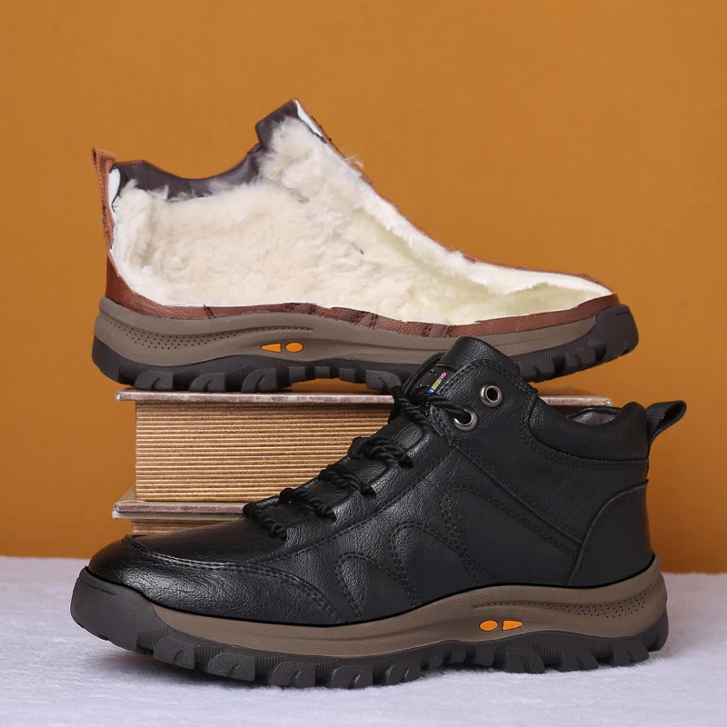 Men Leather Boots Wool Fur Thick Composite Sole Winter Shoes Men Cowhide Leather Designer Outdoors Ankle Boots For Man outdoor boots,men leather boots