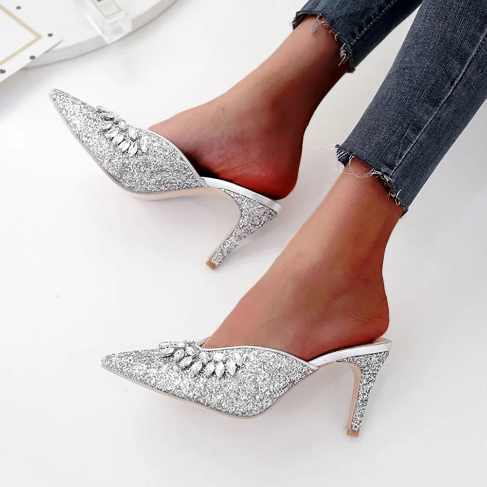 

SARAIRIS HIGH quality BRAND new pointed toe crystals Summer Women Mules Pumps SEXY Slip On thin High Heels Shoes Woman