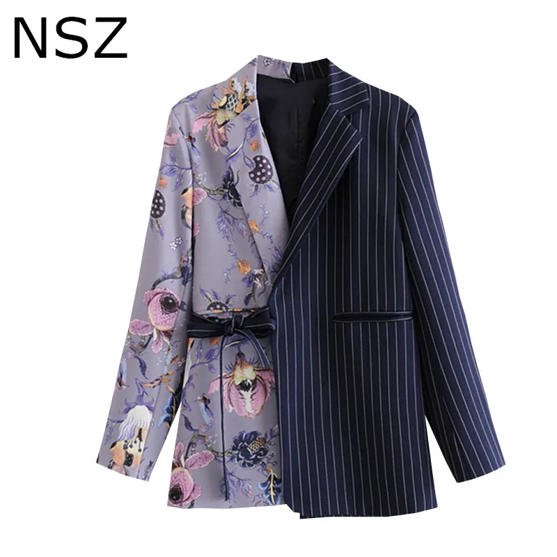 

NSZ Women Floral patchwork Striped Chic Blazer Long Sleeve Notched Bow Tied Elegant Jacket Coat Outerwear