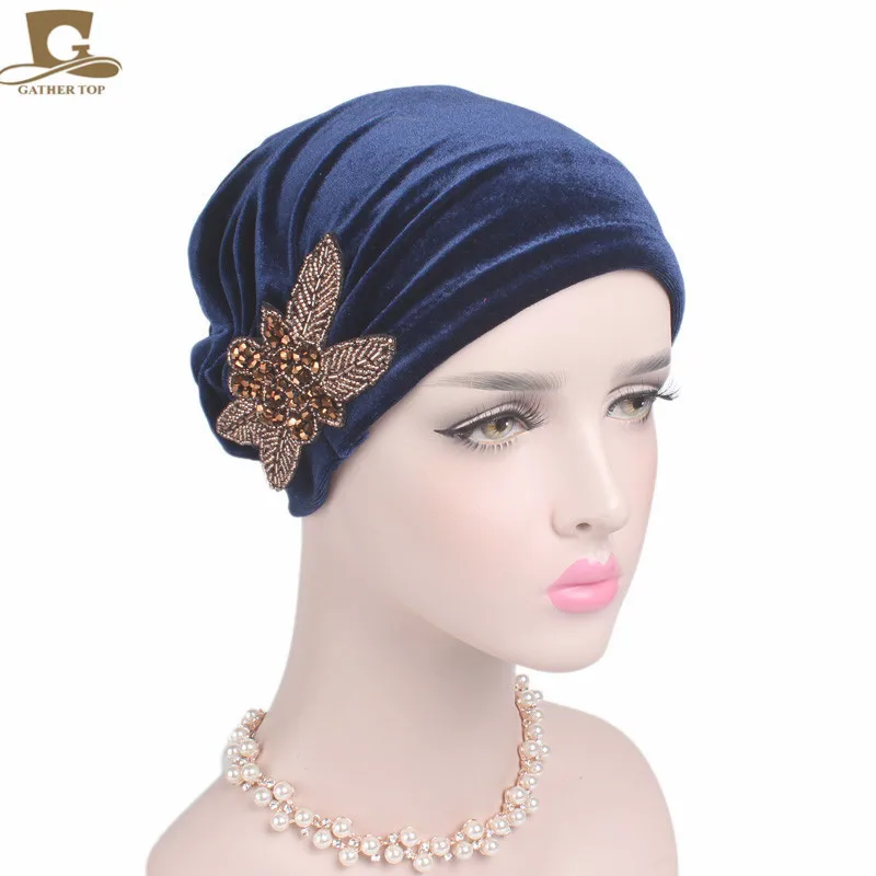 

New Style Beaded Flower Accessories Turban Hat Velvet Pleated Set of Head Cap Chemotherapy Hat TJM-238E