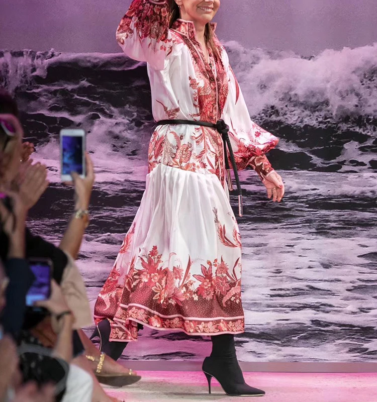 LINGHAN Elegant Print Single-Breasted Long Dress Women's Stand Lantern Sleeve Lace Up party Dresses Autumn Runway New
