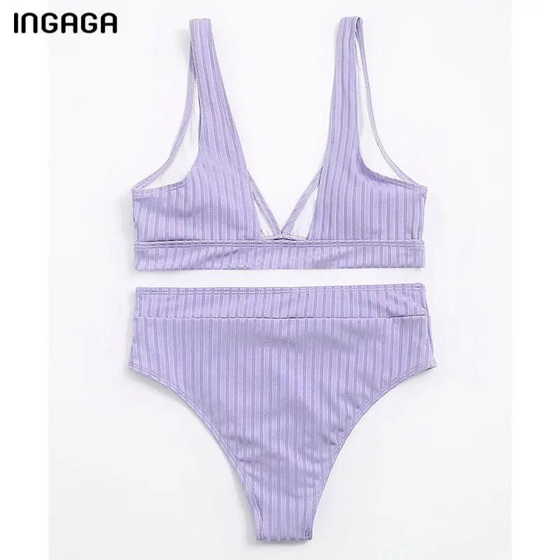 Бикини женское однотонное с V-образным вырезом и высокой талией ...