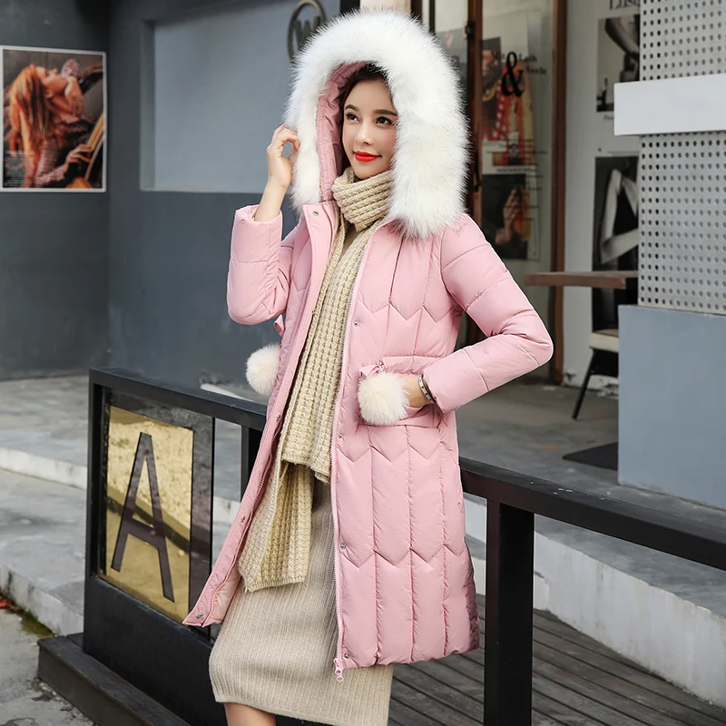 Женские Длинные пуховики размера плюс 5XL с толстым большим мехом, приталенная зимняя куртка, Женское пальто с капюшоном, новые женские куртки с хлопковой подкладкой - Цвет: Pink