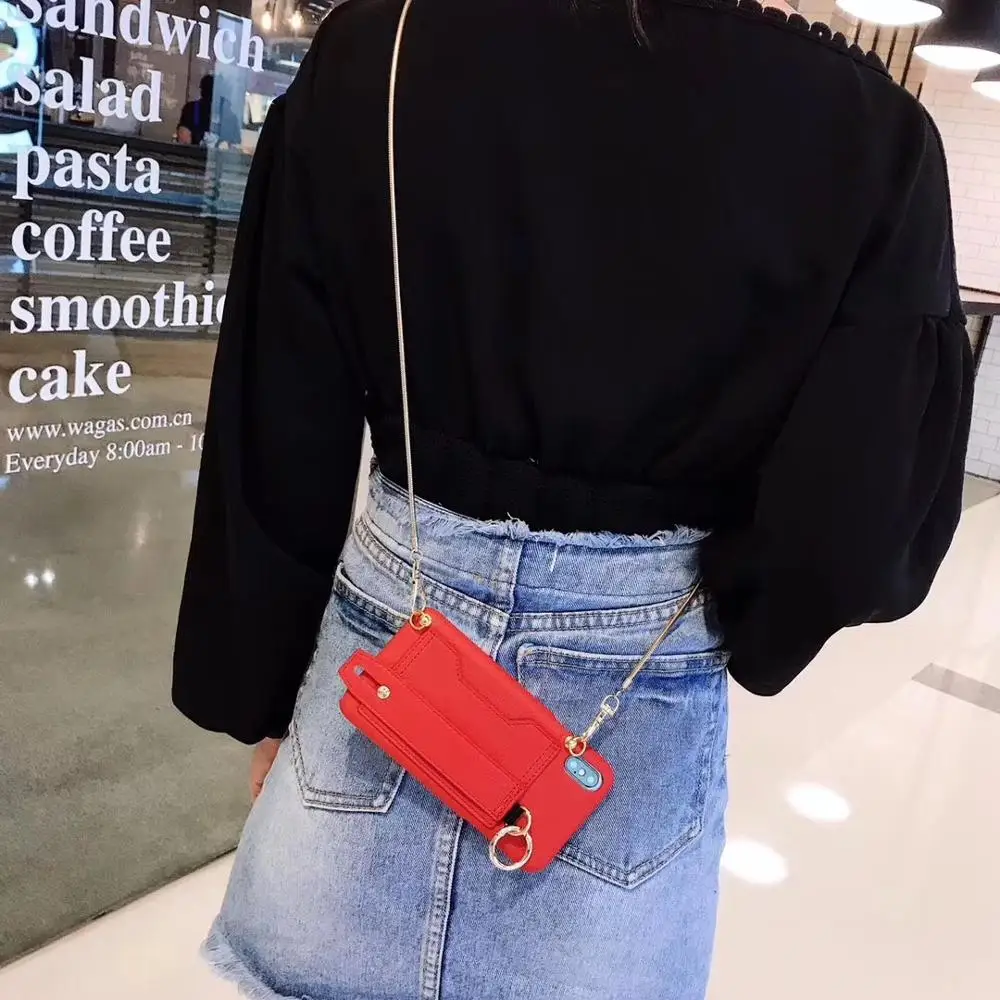 

Luxury Credit Card Leather Wallet Bag Phone Case for iphone XR XS MAX X10 6 6S 7 8 Plus Crossbody cover with long chain strap
