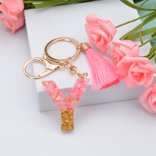 Creative Letter Alphabet Crystal Arylic Liquid Keychain Women Key Chains Ring Car Bag Tassels Pendent Charm Gift Accessory