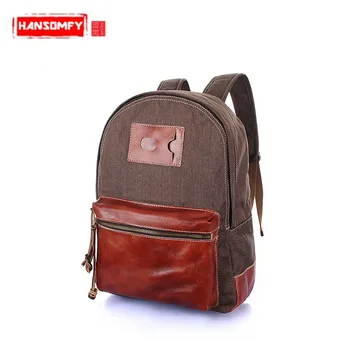 

2018 New Canvas Women Backpacks Female Shoulder Bag Casual Retro Leather with Canvas Backpack Male Laptop Bag Hit Color Cowhide