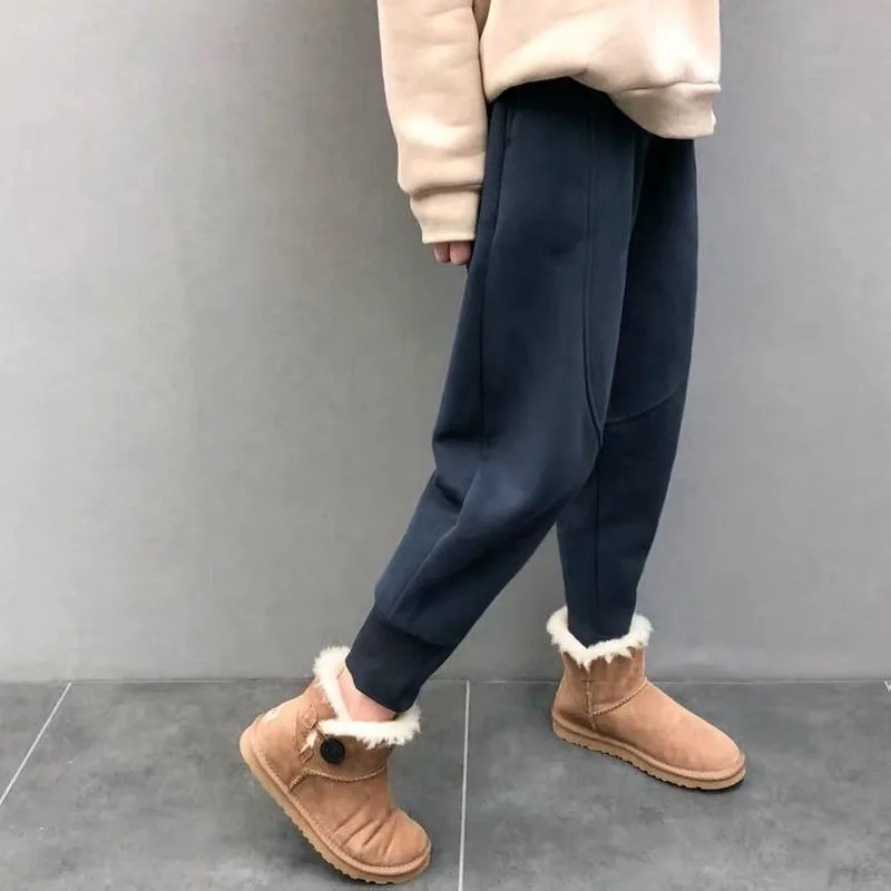 Winter Ankle-tied Pants Fleece Thickened Harem Pants Women's Cross-pants Track Sweatpants Idle Brown Patchwork Trousers Woman