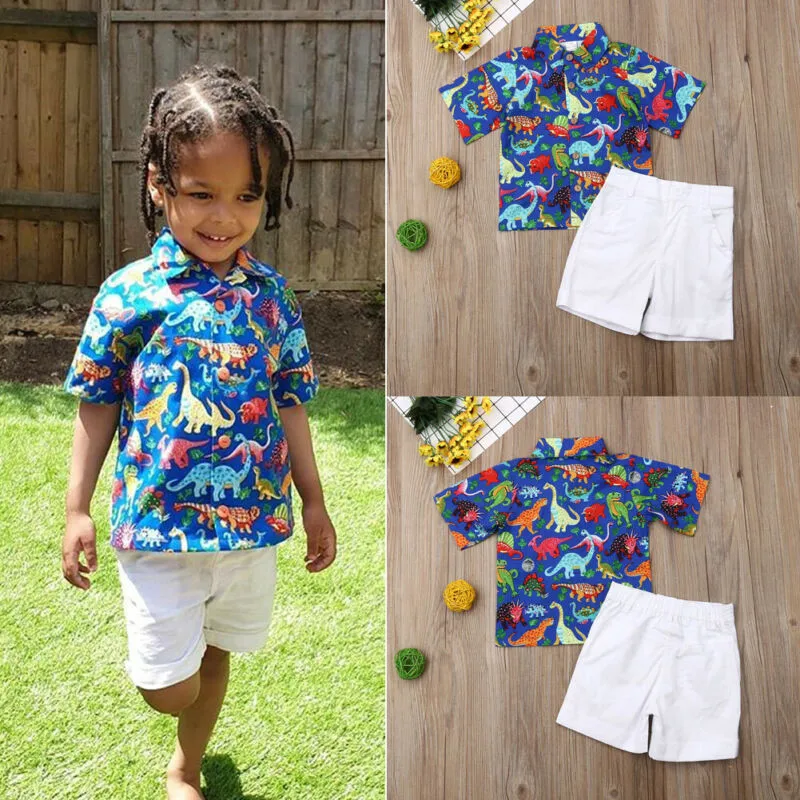 2-7T 2pcs Boys Clothes Set Cute Animal Dinosaur Print Shirt Boys Tops White Short Pant Boys Toddler Outfit Children Clothing Set