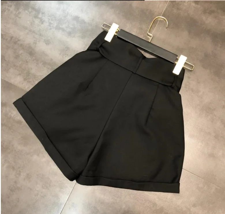 Fall New Button Design Belt High Waist Women Shorts Solid Color Female Wide Leg Shorts