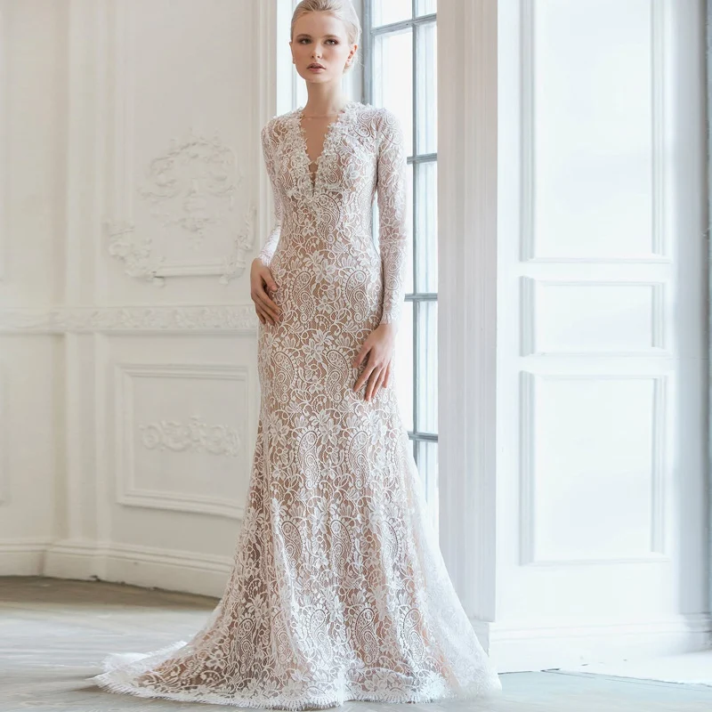 Weding/платье невесты с длинными рукавами Vestido Casamento Renda, прозрачное платье с пуговицами на спине, платье с длинным рукавом, платье-футляр, свадебное платье русалки