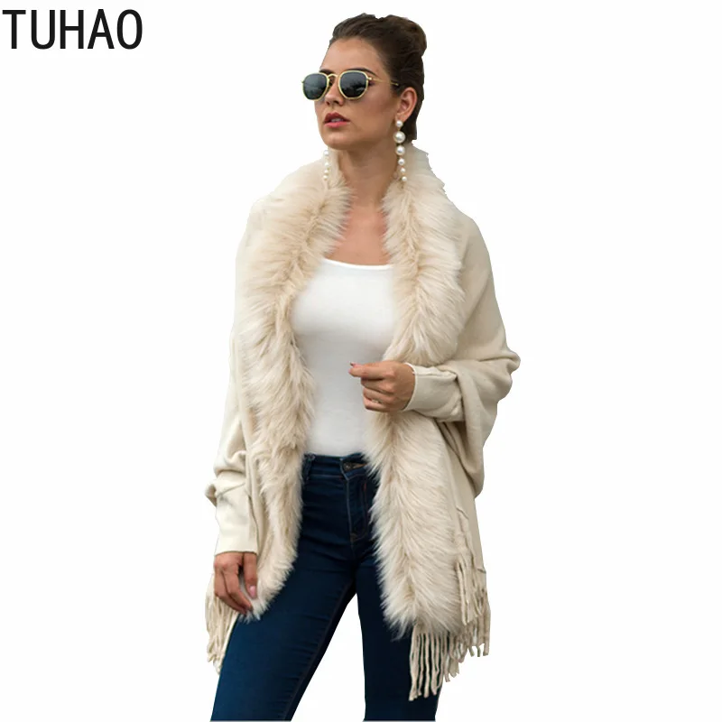 

TUHAO Fall and Winter Cardigan Woman Knitted Tops Tssel Faux Fur Collar Cloak Long Sleeve Sweater Outerwear T77120