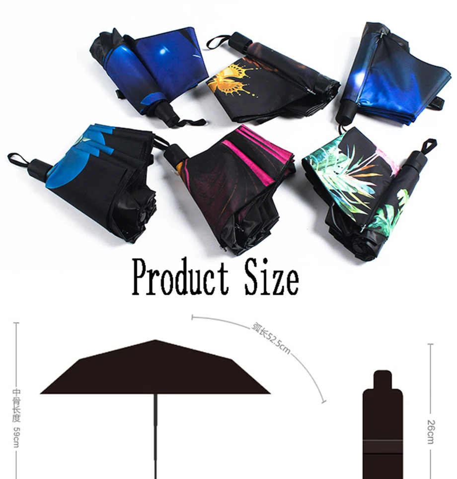 Creative Personality Pattern Umbrella Ladies Folding Umbrella Three Fold Black Plastic anti-UV Umbrella Portable Travel Umbrell