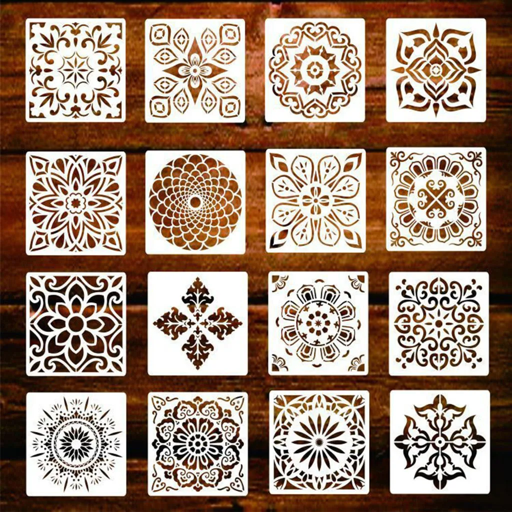 16x Mandala Stencil Template for Painting on Walls Furniture Crafts, DIY Craft Tool Reused PET Drawing Templates