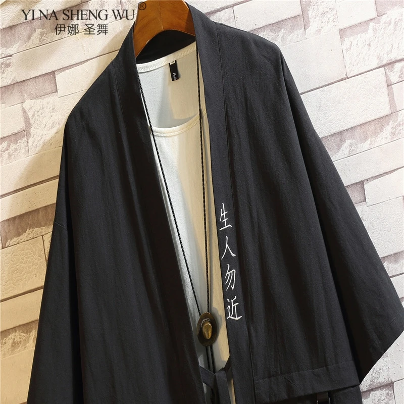 Summer Men\'s Haori Cardigan Kimono Samurai Japanese Clothing Robes Stand-up Collar Loose Print Yukata Streetwear Asian Clothing