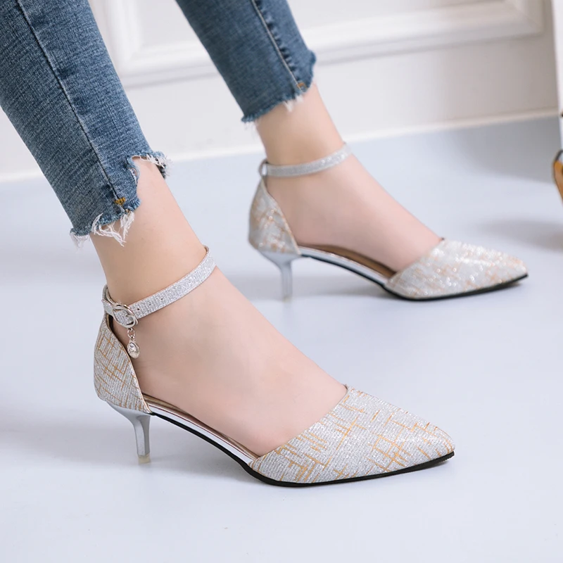 

2020 Women's High Heels Mules Bling Narrow Band Pointed Toe Square Casual Sandals Elegant Female Shoes zapatos mujer U22-84