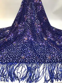 

5yard sequins fabric with top quality JOY-1012 African velet Lace Fabric in sequins with tassel for ladies party dress