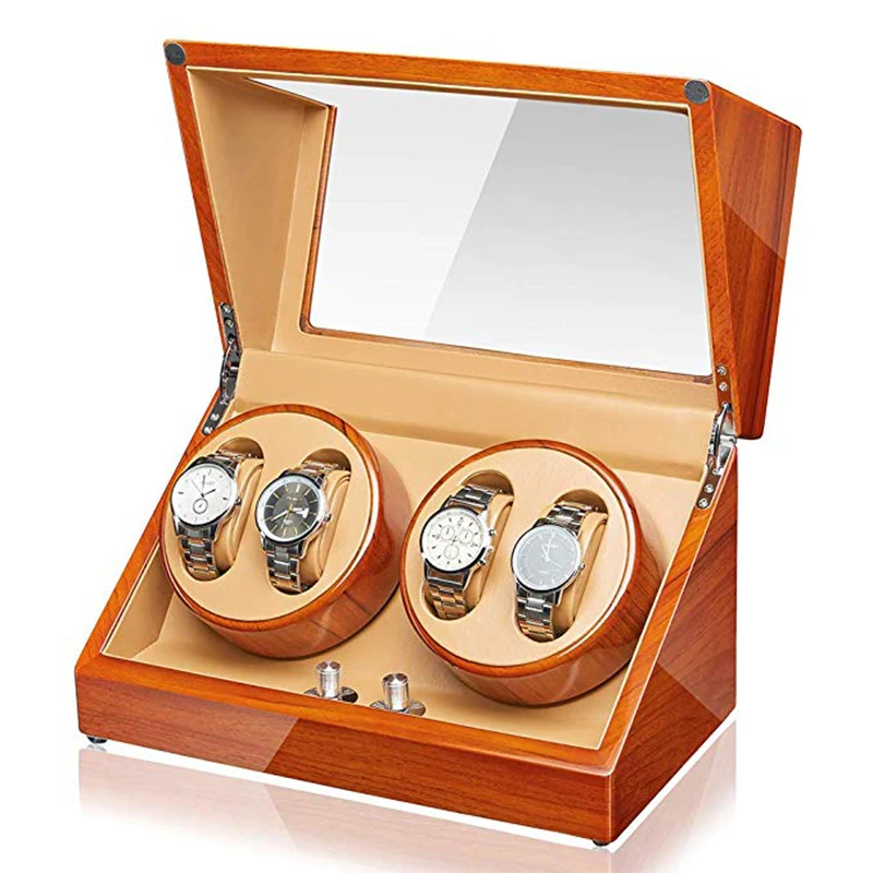 

JQUEEN Automatic Quad 4+0 Watch Winder with Double Quiet Mabuchi Motors 5 Working Modes Applewood