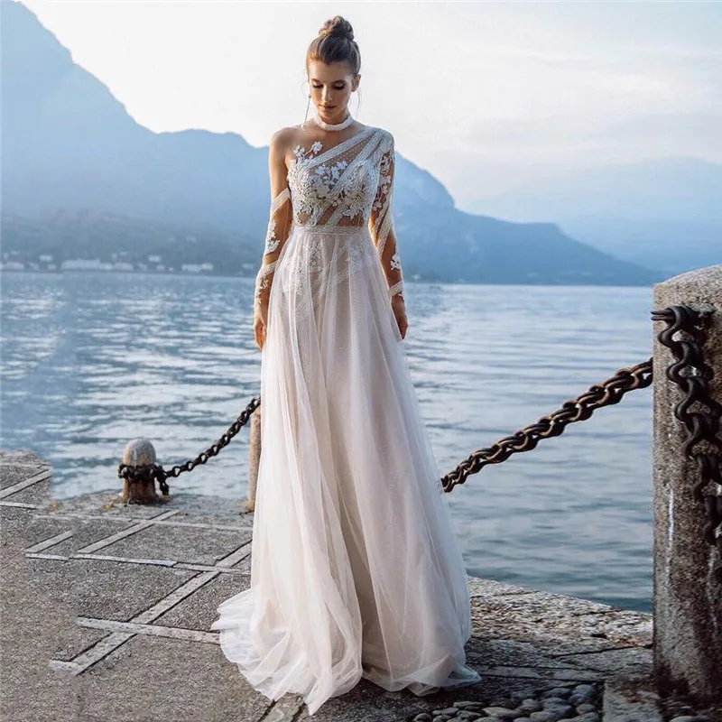 Customized Boho Long Sleeves Wedding Dresses 2025 White Dots Appliques Lace Bridal Gowns Tulle Beach Bohemian Party Floor Lenth 3