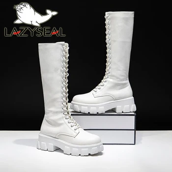 LazySeal Winter Long Boot Shoes Women White Lace Up Zip Height Increasing Pu Leather Shoes Plush Botas Mujer Big Size 43