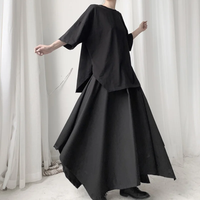 [EAM] Женская футболка с черным подолом, большой размер, новая модная футболка с круглым вырезом и рукавом три четверти, весна-осень, 19A-a628