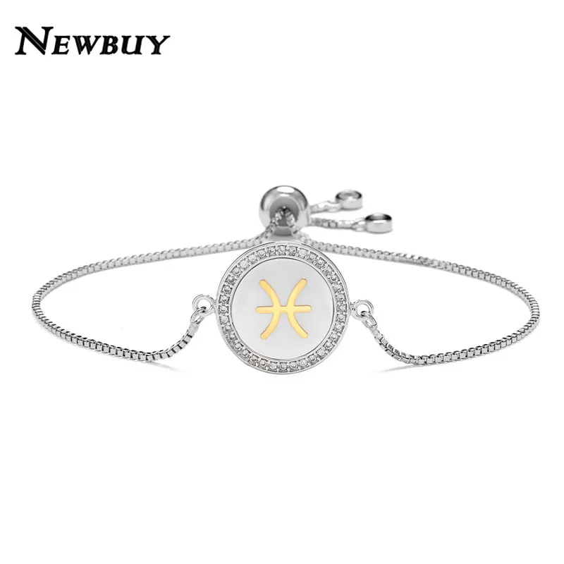 NEWBUY Мода 12 Созвездие шарм браслеты для женщин Девушка Уникальный дизайн оболочки браслет CZ Роскошный Золотой символ знаков зодиака