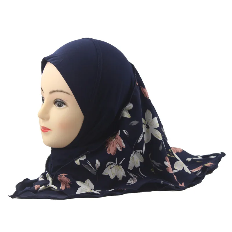 Navy Blue for 2 to 6 Мусульманский хиджаб, исламский шарф в арабском стиле для девочек, двухслойные шали с цветочным принтом, два размера, для девочек 2-12 лет - Цвет: Navy Blue for 2 to 6