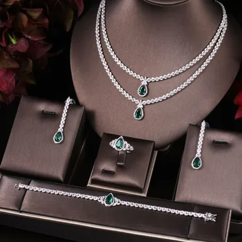 

Bridal Jewelry Sets Wedding Full Necklace Earrings Cubic Zirconia Flower For Women Water Drop Trendy Copper Accessories 2 Layer