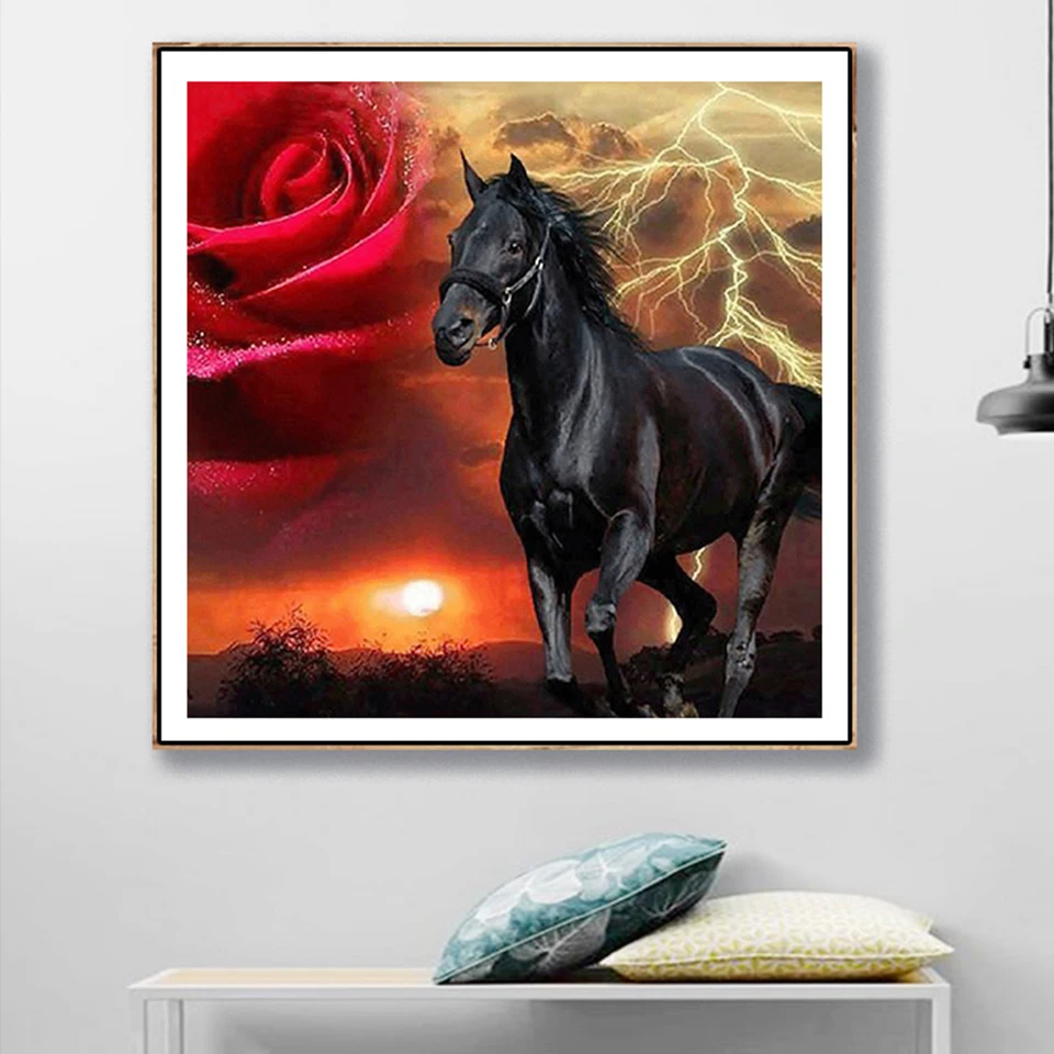 Full Square Round Drill Diamond Embroidery Black Horse Flower 5D Diy Painting Animal Mosaic Rhinestones Picture Decor | Дом и сад