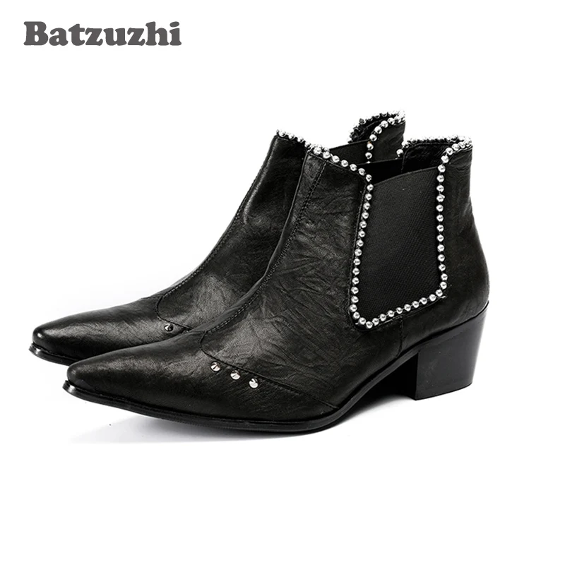 Batzuzhi 6.5cm Heel Boots Men Pointed Toe Black Leather Ankle Boots