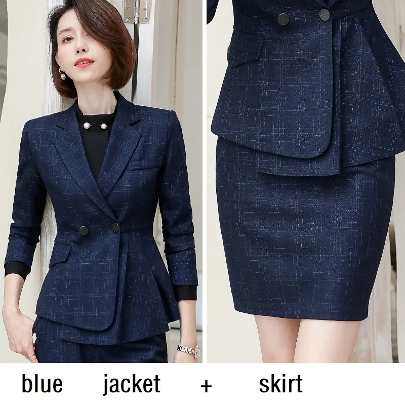 blue jacket skirt Женские костюмы, приталенный весенний пиджак с длинным рукавом и штаны, комплект из 2 предметов, деловой женский брючный костюм, женский комплект, костюмы 6966 - Цвет: blue jacket skirt