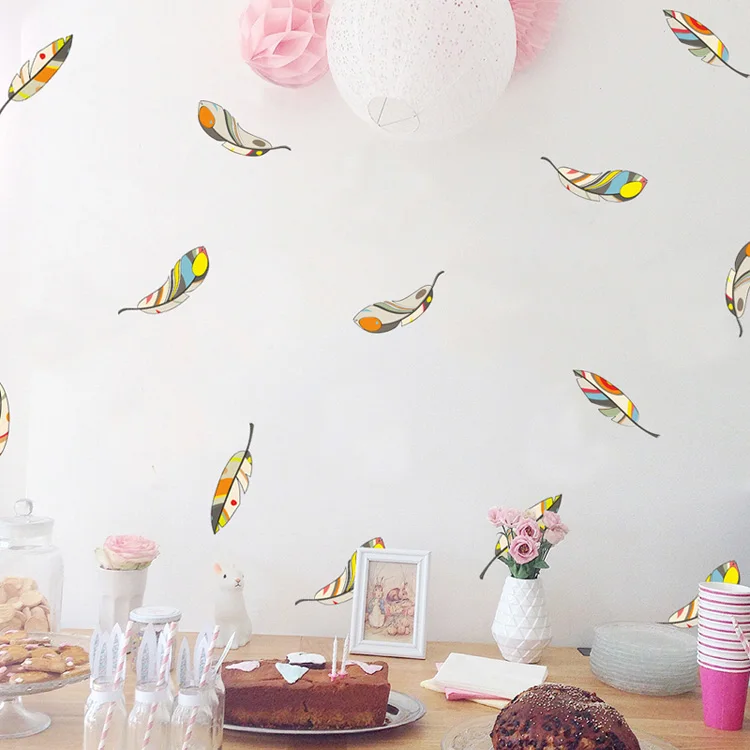 Creative Colored feather Wall Sticker Living room bedroom wall background decoration Decals combination stickers home wallpaper