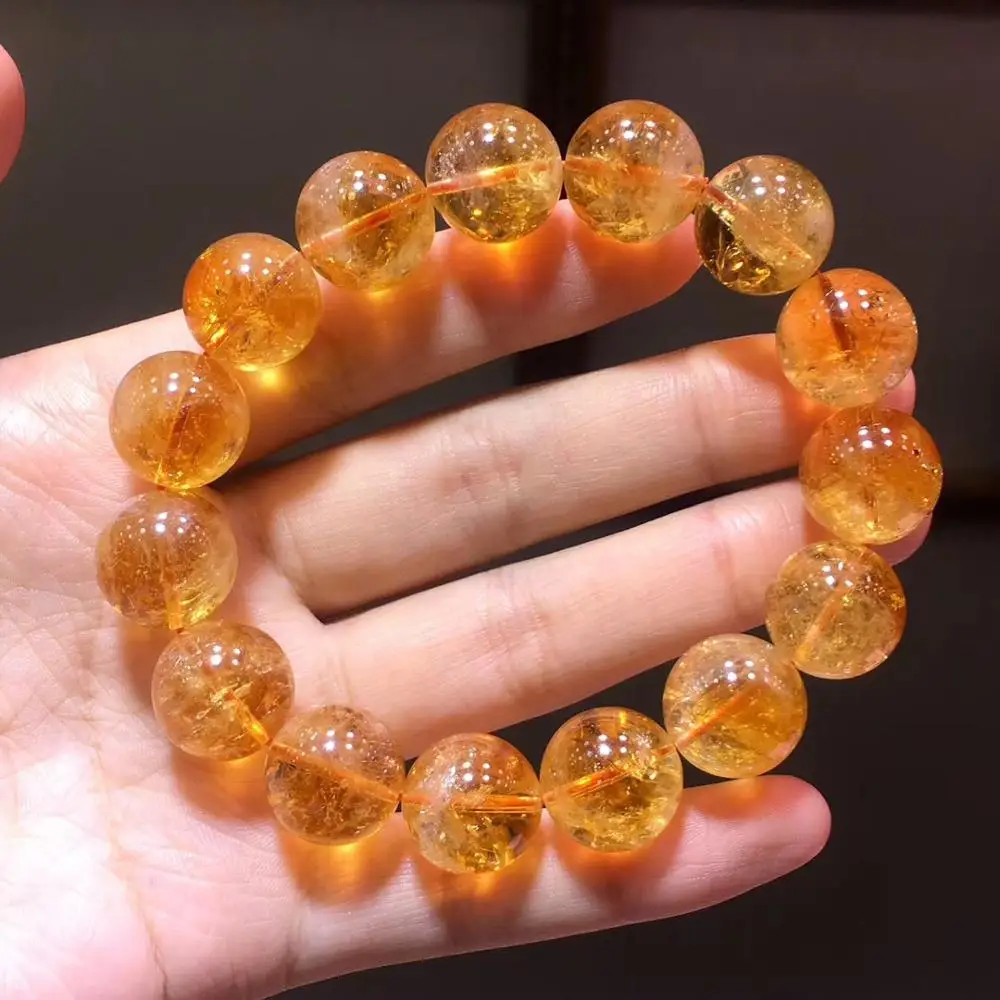 15mm Genuine Natural Yellow Citrine Quartz Super Seven Crystal Bracelet For Women Men Clear Gemstone Round Beads Jewelry AAAAA