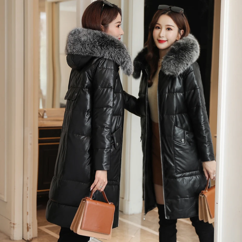 Women Down Coats Korean Fashion Fur Hooded PU Leather Down Jacket Plus Size Down Jacket Woman Hooded Winter Down Jacket Women - Цвет: Black