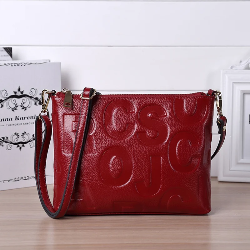 buy Wmnuo Brand Bag Women Genuine Leather Shoulder Bag Women Soft Cowhide Personality Letter Embossing Ladies Evening Crossbody Bag