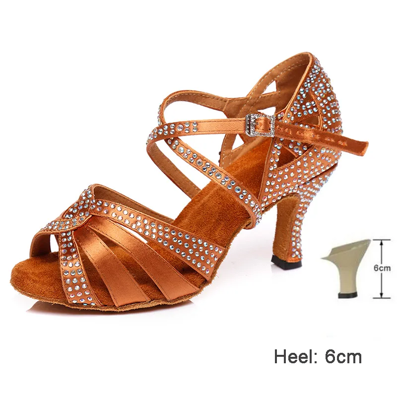6CM heels Brown HROYL Для женщин Латинская танцевальная обувь для девушек и женщин; с Стразы Танго Танцы обувь 10/8. 5/7. 5/6 см каблуке; Прямая поставка - Color: 6CM heels Brown