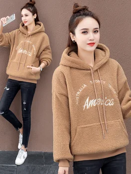 

Lambs wool sweater 2020 new winter hooded female Korean loose long-sleeved jacket plus thick velvet jacket red network