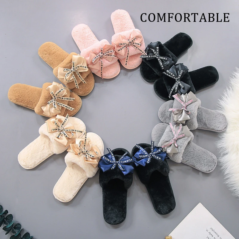 

Butterfly-knotted wool slippers cute Autumn-winter wool slippers Women's Korean version of home wooden floor slippers warm
