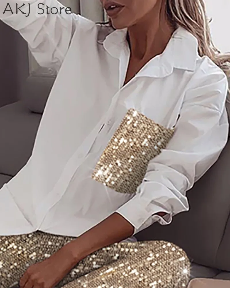 Women Sequin Long Sleeve Shirt 