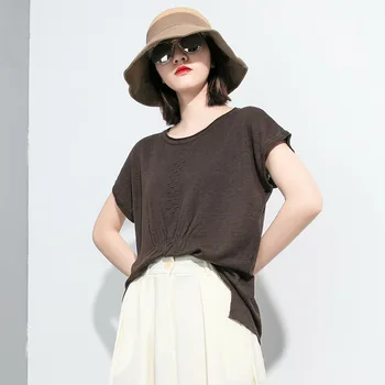 

Thin knitted Women Summer Ladies Pullover T-shirt Dark Color Solid Color Short Sleeve Tops For Female 100CM Chest Loose Tops
