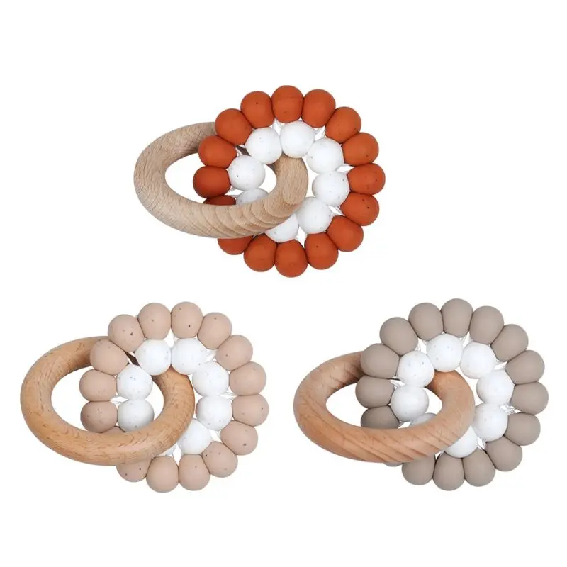 

Baby Teether Bracelet Ring Boy Girl Beech Wooden Teething Rattle Toy Shower Gift