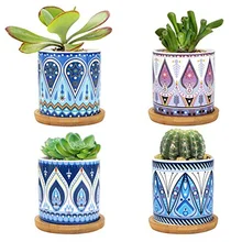 4 Pack Succulent Plant Pot 7.5CM Mandala Pattern flower pot ceramic Mini Cactus Pot Planter Containers Bamboo Tray Home Decor
