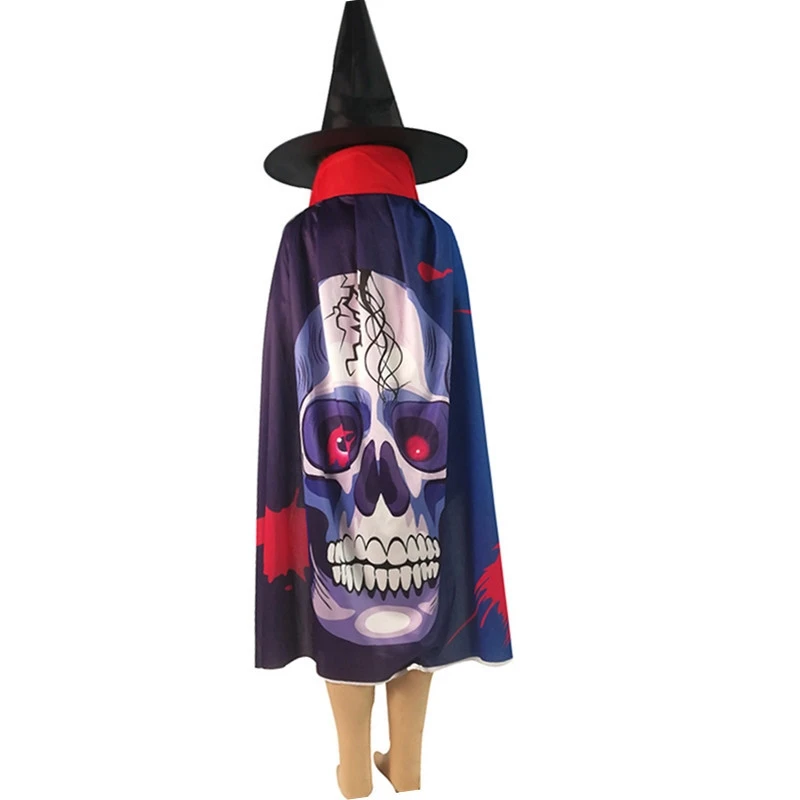 Плащ на Хэллоуин; Новинка; детский маскарадный костюм с цифровым принтом; вязаная одежда; вампирская накидка; плащ с черепом; шапка волшебника; Длина 80 см - Цвет: Фиолетовый