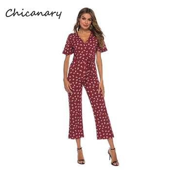 

Chicanary Bohemian Summer Chiffon Floral Jumpsuits Women Long Pants V Neck Wide Leg Pants Rompers Loose Holiday Print Overalls