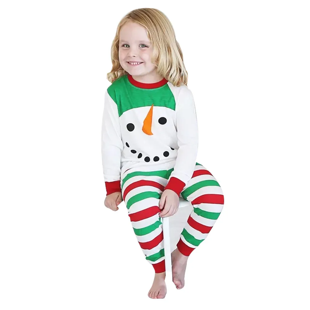 fashion baby girl clothes cotton long sleeve Solid Kids Snowman T shirt Tops+Striped Pants Trousers Christmas Clothes Set