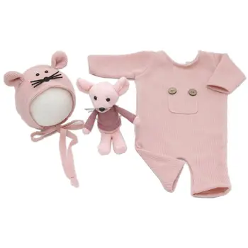

3 Pcs/set Newborn Photography Props Suit Knitted Cotton Jumpsuit Hat Mouse Doll A2UB