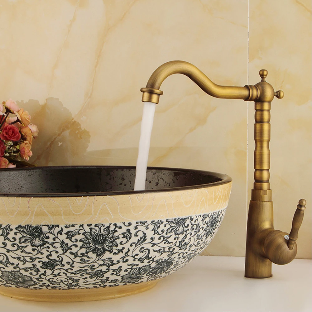 

Bathroom Dishwashing Spout Copper Single Handle Curved Basin Faucet Hot Cold Water Taps Home Countertop Rotatable Retro Style